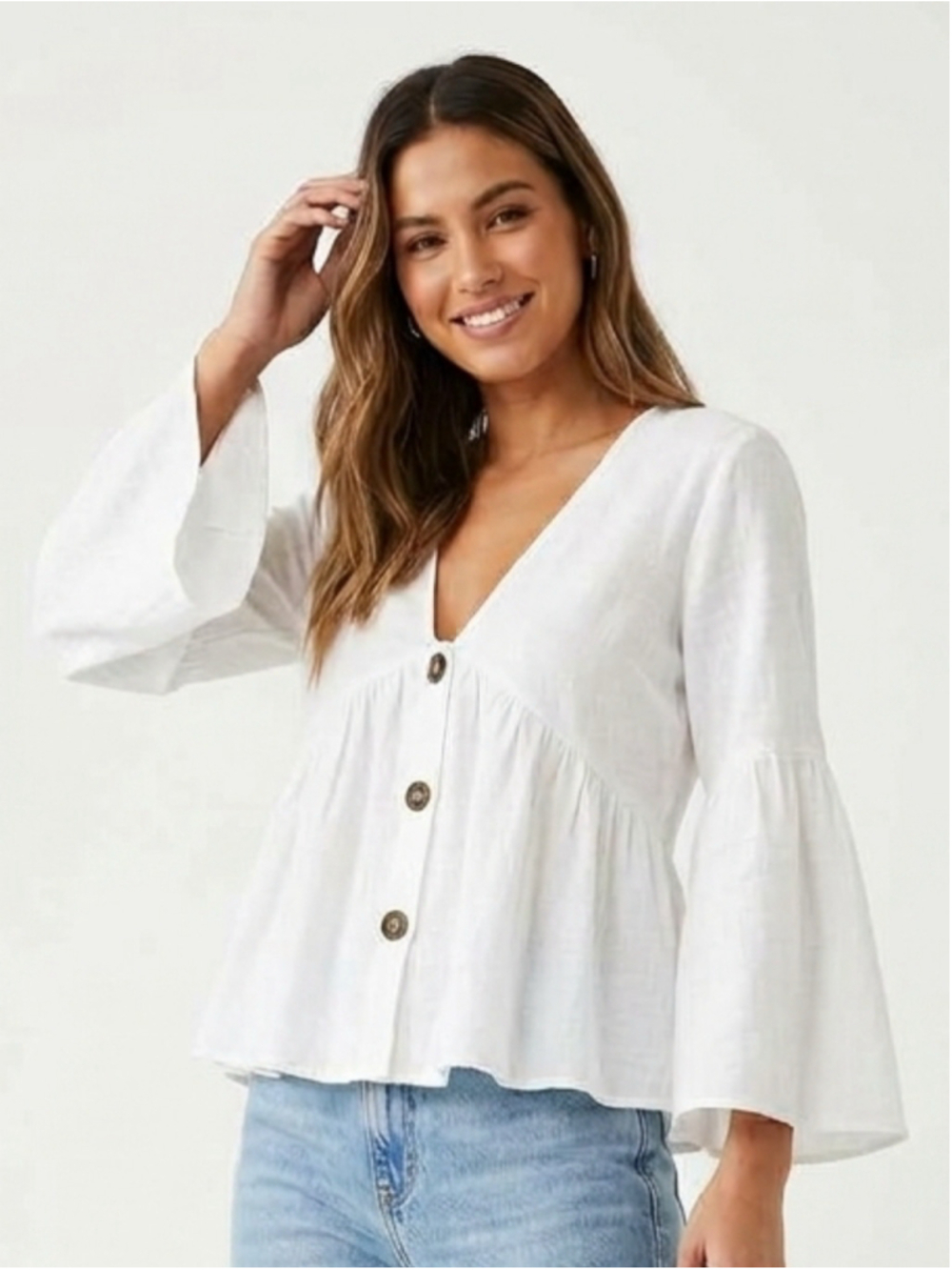 ZARA White 100% Linen Bell Sleeve Blouse Top V-Neck Size Small Boho - 983